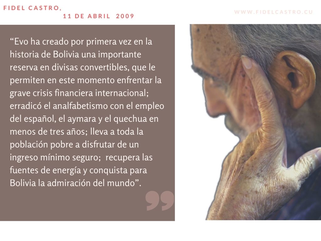 ✍️#FidelCastro “Evo ha creado por primera vez en la historia de Bolivia una importante reserva en divisas convertibles, que le permiten en este momento enfrentar la grave crisis financiera internacional...” 👉 11 de abril de 2009 #SomosCuba #PorSiempreFidel