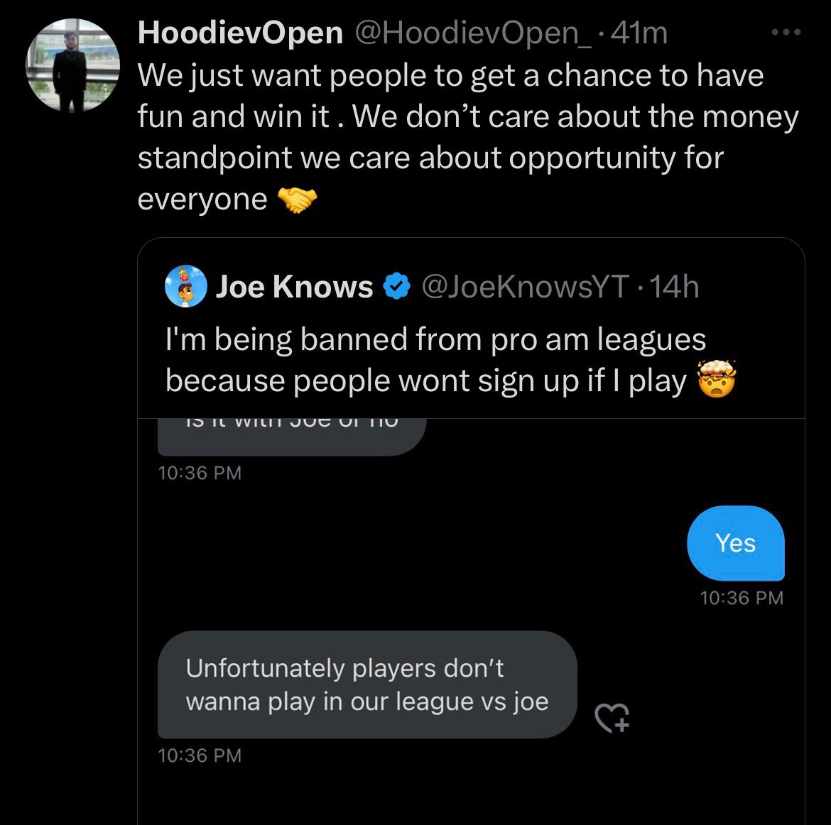 Banning Joe Knows from pro am tourneys because he is too good is CRAZY People should want to play against the best of the best, not run away from them, that’s how you improve and get better Only in the 2k community, never seen this in any other gaming community 😂