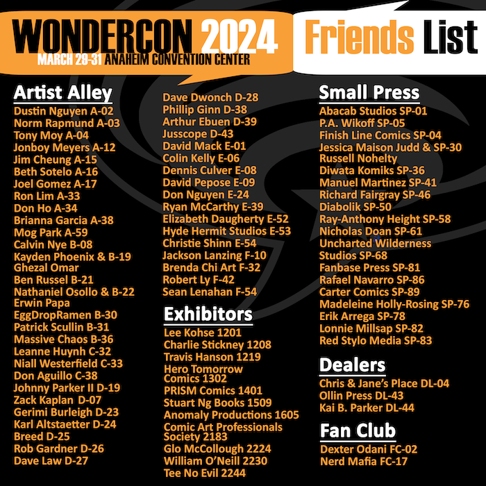 Don't miss these amazing #comics creators at <a href="/WonderCon/">WonderCon</a>: <a href="/nguyeningit/">Don Nguyen 💬 WonderCon E-40</a> @russellnohelty <a href="/MHollyRosing/">Queen of Mercia LLC</a> <a href="/MortimerJMoose/">Mortimer J. Moose</a> <a href="/RichardFairgray/">Richard Fairgray</a> <a href="/DAvallone/">David Avallone</a> <a href="/HoraToraStudios/">HoraToraStudios</a> <a href="/cartercomics1/">cartercomics</a> @jessistarjudd <a href="/SHOCKERBATMAN/">Nicholas Doan</a> <a href="/Eyedraugh/">eyedraugh.bsky.social</a> <a href="/randywcgcomics/">Randy Reynaldo/WCG Comics</a> <a href="/TheStevenPrince/">Monster Matador</a> <a href="/ElKartun/">El Kartun Pedroza</a> @BobbyTimony