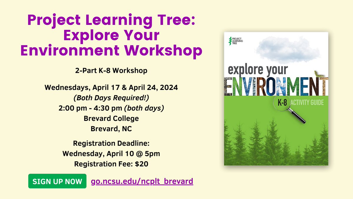 Sign up by April 10th for this two-part @PLT workshop at @BrevardCollege. Both days, April 17th and April 24th, are required. Every participant will leave the workshop with a copy of the Explore Your Environment guide! Sign up now! go.ncsu.edu/ncplt_brevard