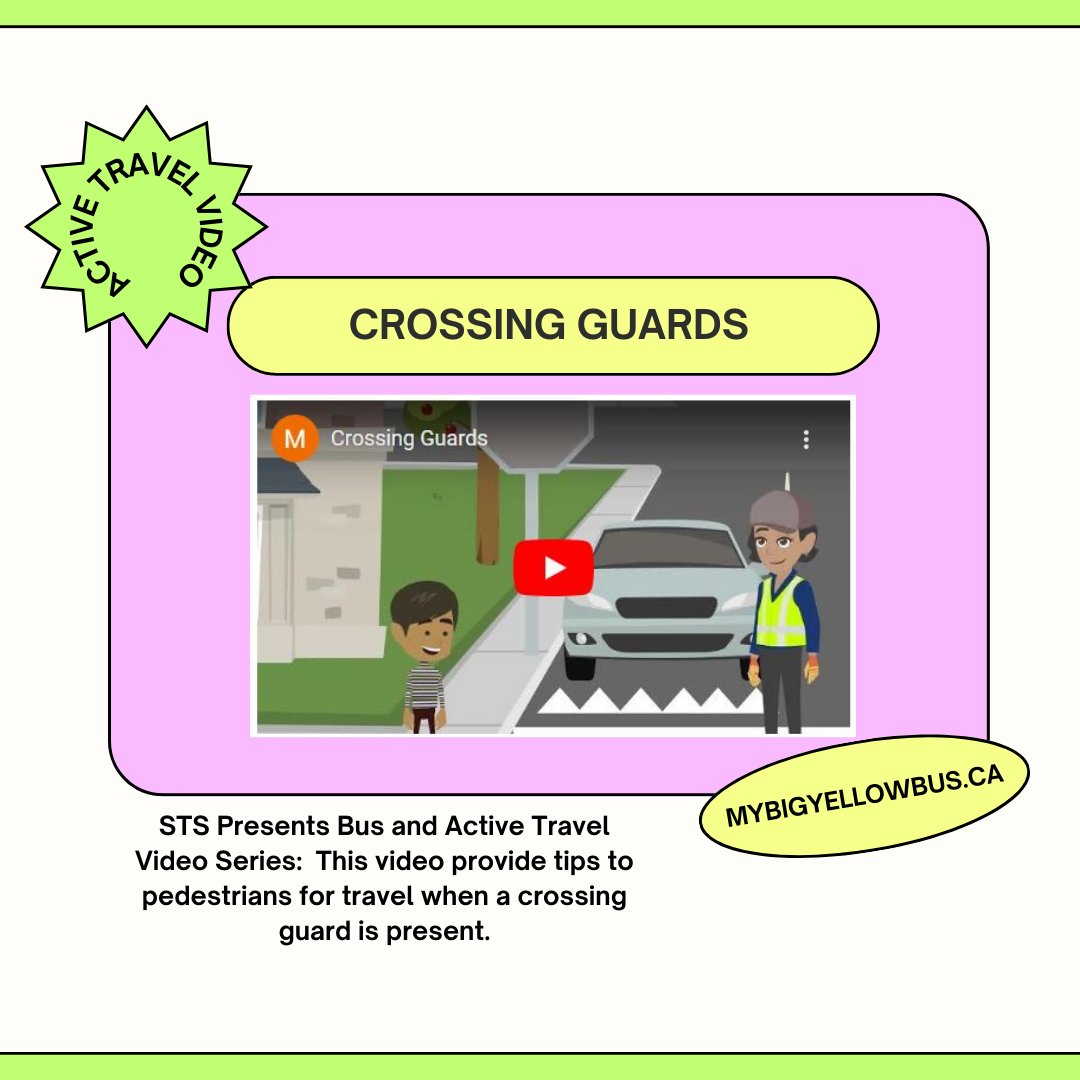 STS Presents Bus and Active Travel Video Series: CROSSING GUARDS youtube.com/watch?v=kgqI9s…. For other safety videos and resources visit us at mybigyellowbus.ca