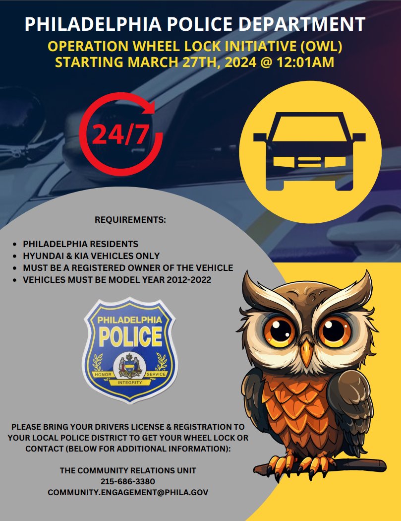 Philly residents, protect your Hyundai or Kia! Operation Wheel Lock starts 3/27 at 12:01 AM. Free Wheel Locks are available at ALL 21 PPD Districts! 🚗Philadelphia Residents Only 🚗Registered Owners of a 2012-2022 Hyundai or Kia Only 🚗Valid ID & Vehicle Registration Required