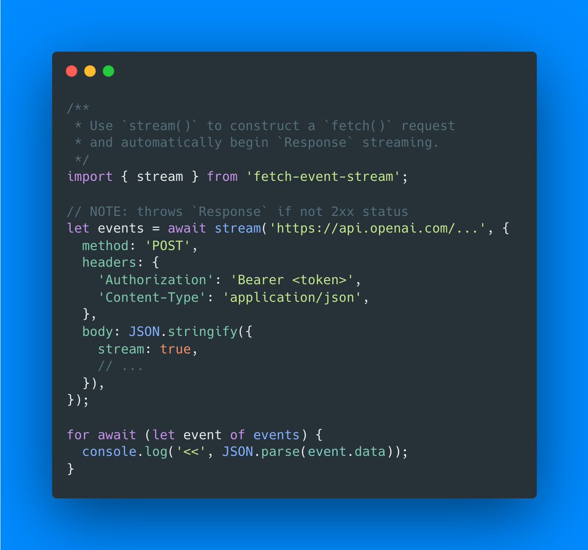 lukeed05's tweet image. Announcing `fetch-event-stream` 🥳
A tiny (745b) utility to handle Server-Sent Events via `fetch` and/or the Web Streams APIs
🔹Supports all JS runtimes
🔸Allows WebWorker / ServiceWorker usage
🔹Accepts AbortController for cancellable streams
GitHub: github.com/lukeed/fetch-e…