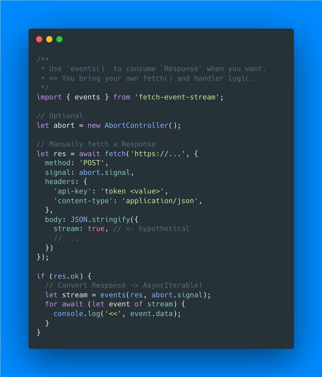 lukeed05's tweet image. Announcing `fetch-event-stream` 🥳
A tiny (745b) utility to handle Server-Sent Events via `fetch` and/or the Web Streams APIs
🔹Supports all JS runtimes
🔸Allows WebWorker / ServiceWorker usage
🔹Accepts AbortController for cancellable streams
GitHub: github.com/lukeed/fetch-e…