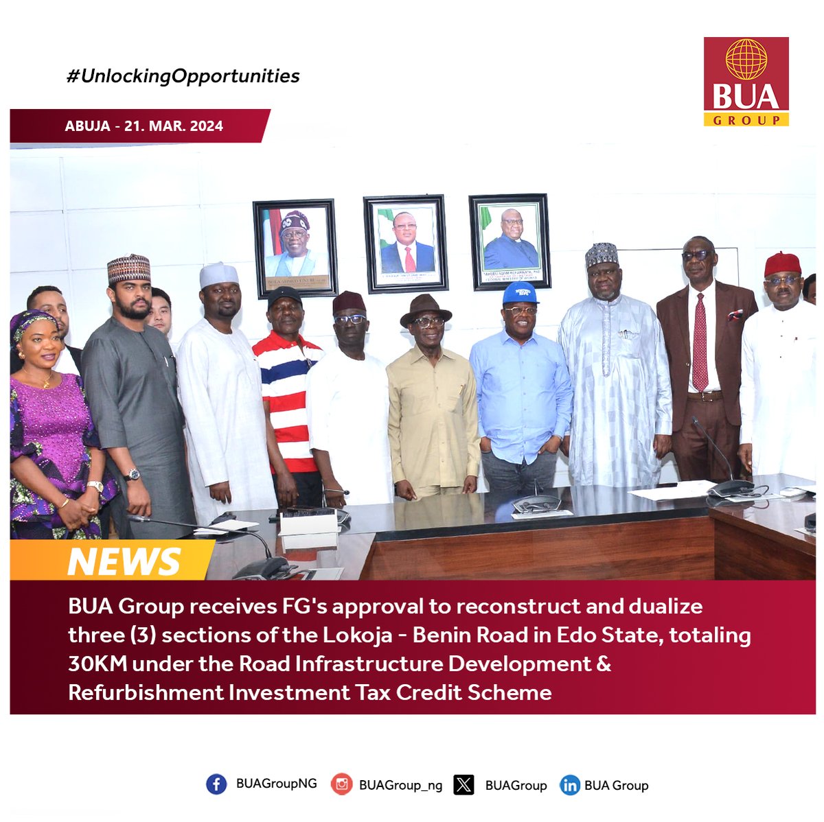 In case you missed it. BUA Group receives Federal Government's approval to reconstruct and dualize three (3) sections of the Lokoja - Benin Road in Edo State, totaling 30KM under the Road Infrastructure Development & Refurbishment Investment Tax Credit Scheme. #BUAGroup