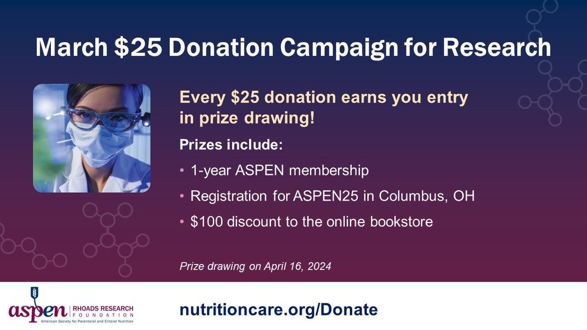 Don't forget that with every $25 donation you give to the ASPEN Rhoads Research Foundation in March, your name will be entered into a drawing for prizes! Donate today. nutritioncare.org/donate