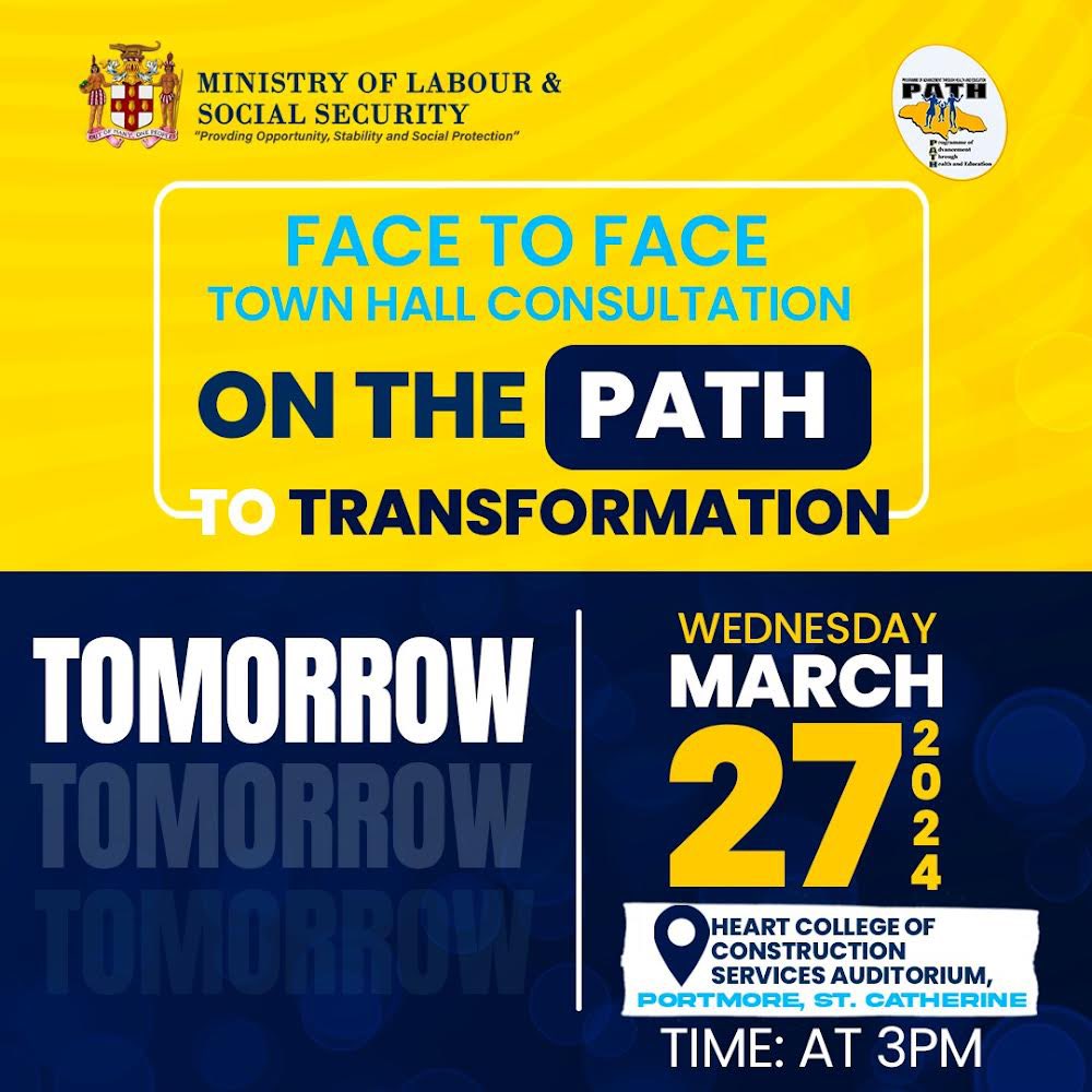 JamaicaMlss's tweet image. Tomorrow marks the day! Join us at the HEART College of Construction Services Auditorium in Portmore, St. Catherine, on Wednesday, March 27th, 2024, at 3 pm for our third instalment of PATH Town Halls. It&apos;s time to make your voice heard!

#PATHToTransformation