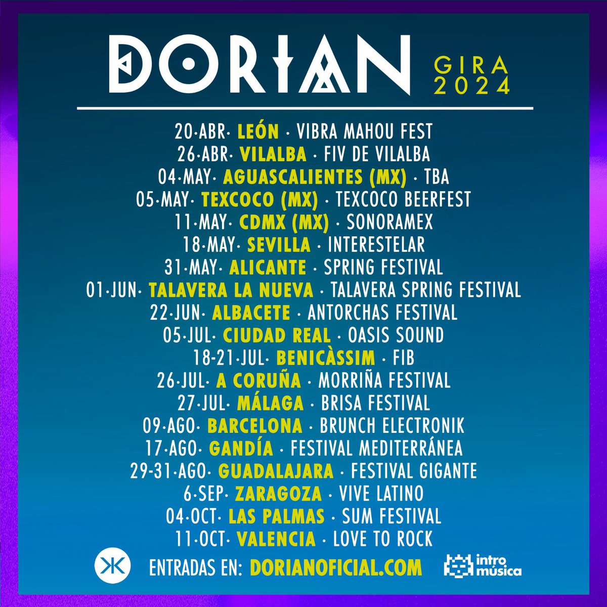 A partir del 20 de abril volveremos a la carretera con nuevas fechas por ESPAÑA y MÉXICO. Consulta todos los conciertos disponibles hasta ahora en el cartel. ¡Nos vemos en nada! ❤️🔥 #giradorian2024 #parati @intromusica_pro