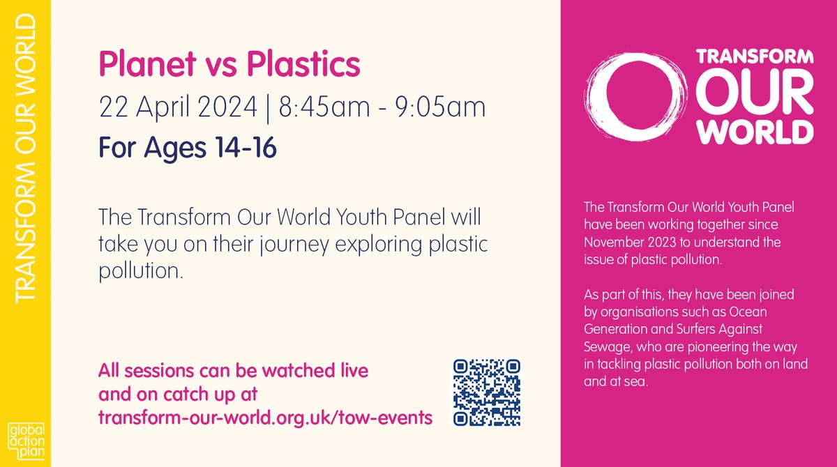 Join the Transform Our World Youth Panel for a #TOWYouthSummit session on Planet vs Plastics 🌍 🗓️ Mon 22 Apr – Earth Day 🕑 08.45-09.05 📢 14-16 years old Add it to your calendar now: transform-our-world.org/tow-events #iwillFund #nationallottery