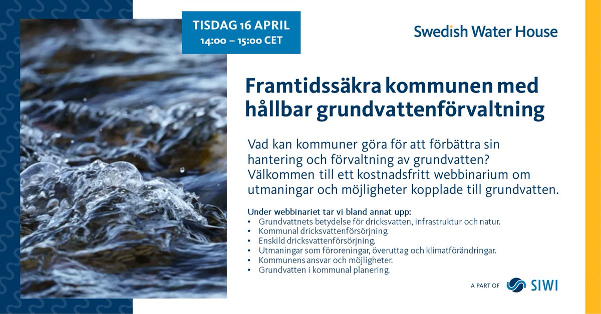Vad kan #kommuner göra för att förbättra sin hantering och förvaltning av grundvatten?
Välkommen till ett webbinarium om utmaningar och möjligheter kopplade till #grundvatten.

📆 16 april, 2pm CET
Registrera ⏩ siwi.org/event/framtids…