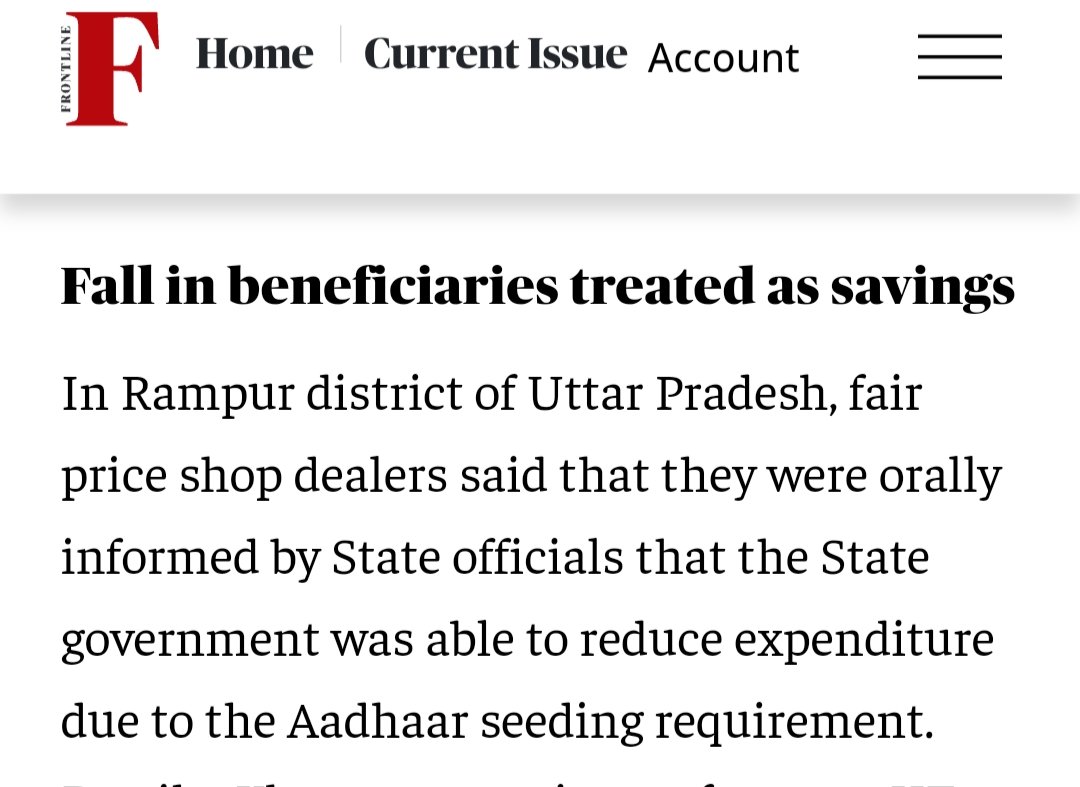 Reetika Khera, an economics prof at IIT Delhi, has argued that a fall in the number of genuine beneficiaries is now treated as savings or a reduction in Govt expenditure. Eligible Beneficiaries without Aadhar are deducted as Ghost or duplicate. FrontLine 23/3/24👇🏽. 18/22