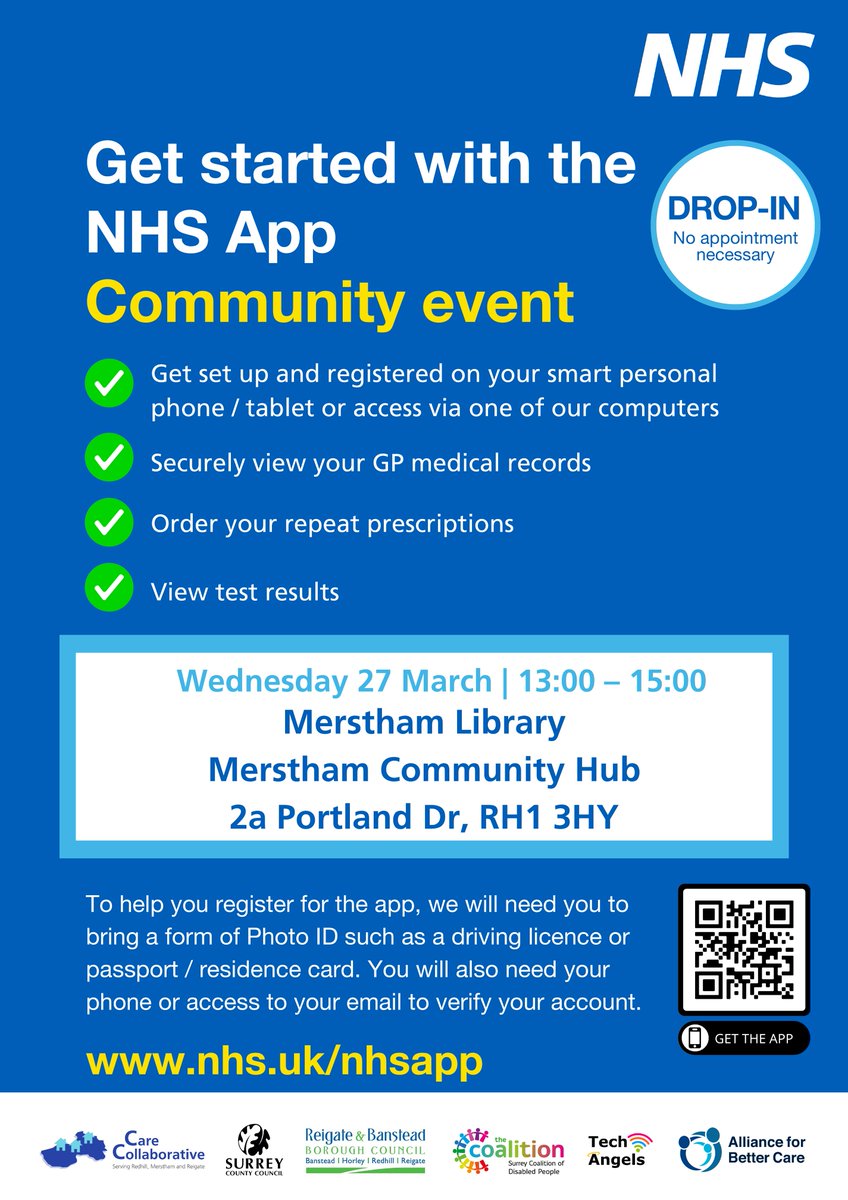 Connect to Support Surrey (@supportsurrey) on Twitter photo 🌞Get the most out of the <a href="/NHSEngland/">NHS England</a> App at the event tomorrow!
⏰ 27 March, 1pm to 3pm
📍 <a href="/MersthamLibrary/">Merstham Library</a>, 2a Portland Drive, RH1 3HY
Bring a piece of Photo ID (like a driving license or passport) and your mobile phone or tablet.
For more details👇
orlo.uk/rUKnR 🌞Get the most out of the <a href="/NHSEngland/">NHS England</a> App at the event tomorrow!
⏰ 27 March, 1pm to 3pm
📍 <a href="/MersthamLibrary/">Merstham Library</a>, 2a Portland Drive, RH1 3HY
Bring a piece of Photo ID (like a driving license or passport) and your mobile phone or tablet.
For more details👇
orlo.uk/rUKnR