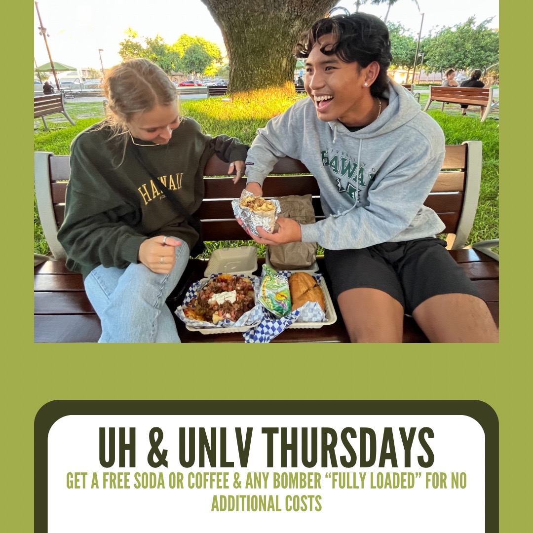 🗣️UH & UNLV Students! Join us every Thursday for ANY bomber “Fully Loaded” for no additional costs AND a FREE Soda or Coffee!
📚Just show your school ID
🔥Valid at all locations

#uh #unlv #foodie #lunch #collegestudent #studentdiscount #food