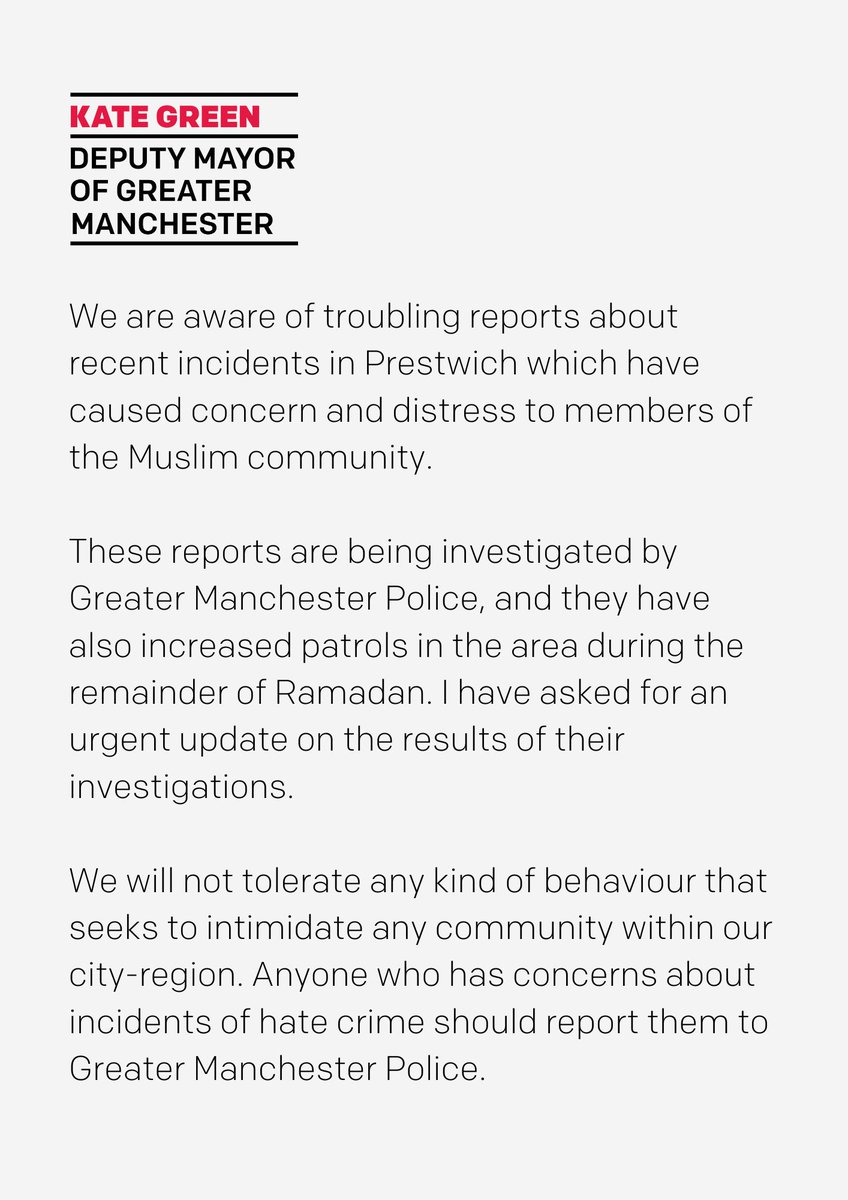 The Deputy Mayor has issued a statement in response to troubling reports of recent incidents in Prestwich.
