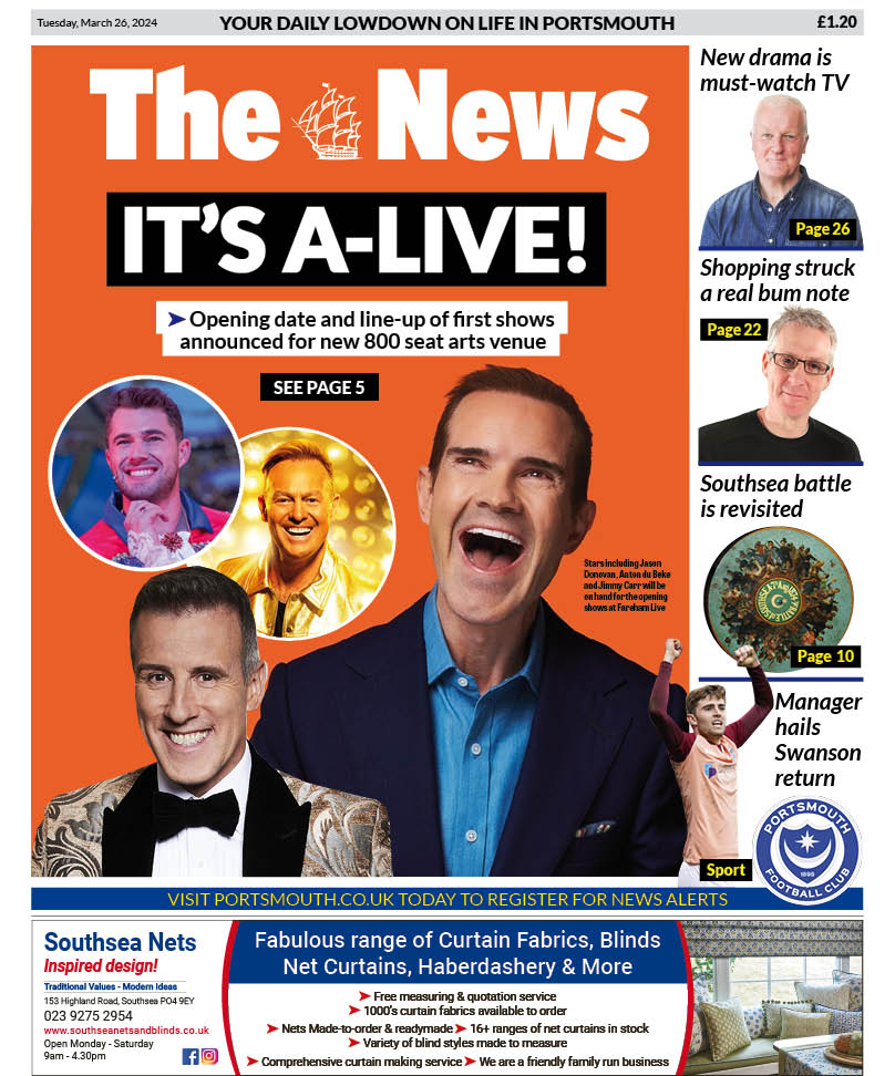 Some familiar faces on today's @portsmouthnews front thanks to Aidan's Townsend's design following the announcement of the date and line-up of shows for the opening season at @FarehamLive. Stars include @JDonOfficial, @TheAntonDuBeke, @jimmycarr, @Aj11Ace and @CurtisPritchard.