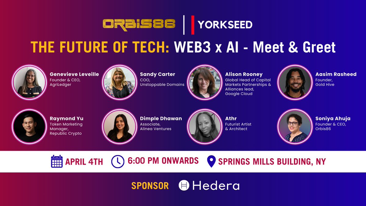 🎉 #NewYork, here we come with the 'Future of Tech: Web3 X AI - Meet & Greet' hosted along with @yorkseed on April 4th! ✨RSVP now: 8ty6.link/bfyjGu 🎙️Witness speakers from @unstoppableweb, @Agriledger, @googlecloud, Gold Hive, Alinea Ventures, @RepublicCrypto and more!