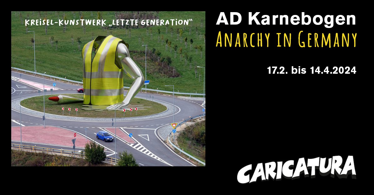 Ein weiteres Werk von @adkarnebogen, zu sehen in der Ausstellung »Anarchy in Germany«, vom 17.2. bis 14.4.2024 in der Caricatura Galerie.

caricatura.de/ad-karnebogen/

#adkarnebogen #anarchy #germany #klimakleber #letztegeneration #cartoons #caricatura #caricaturagalerie
