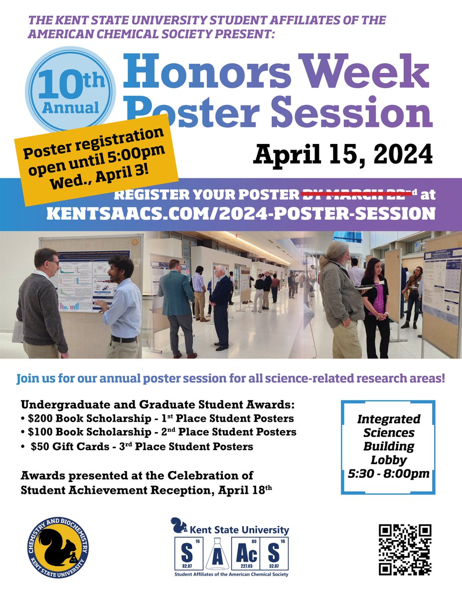 If you've not yet registered for the Honors Week Poster Session, you're in luck - there's still time! Poster registration will remain open until Wed, 4/3 at 5pm at kentsaacs.com/2024-poster-se… . All are welcome to attend. Refreshments will be served, and there will also be a raffle!