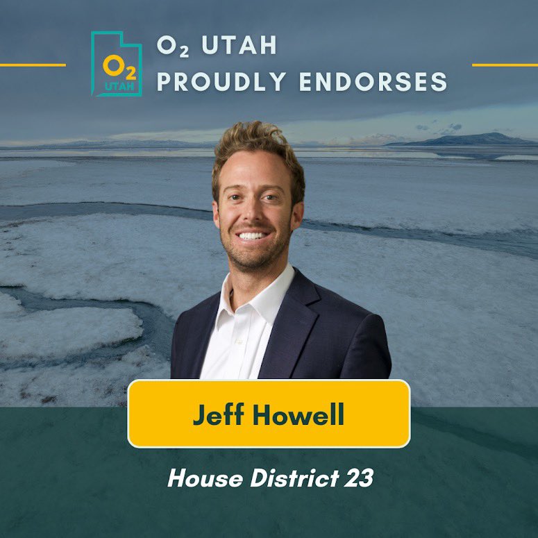 Howell_Jeff's tweet photo. The environment is an issue that is top of mind for our community. It’s an honor and a privilege to receive the endorsement of O2, Utah’s leading environmental nonprofit whose mission is to clean our state’s air and eliminate our contributions to climate change through policy. https://t.co/8ZVCwtgx3p