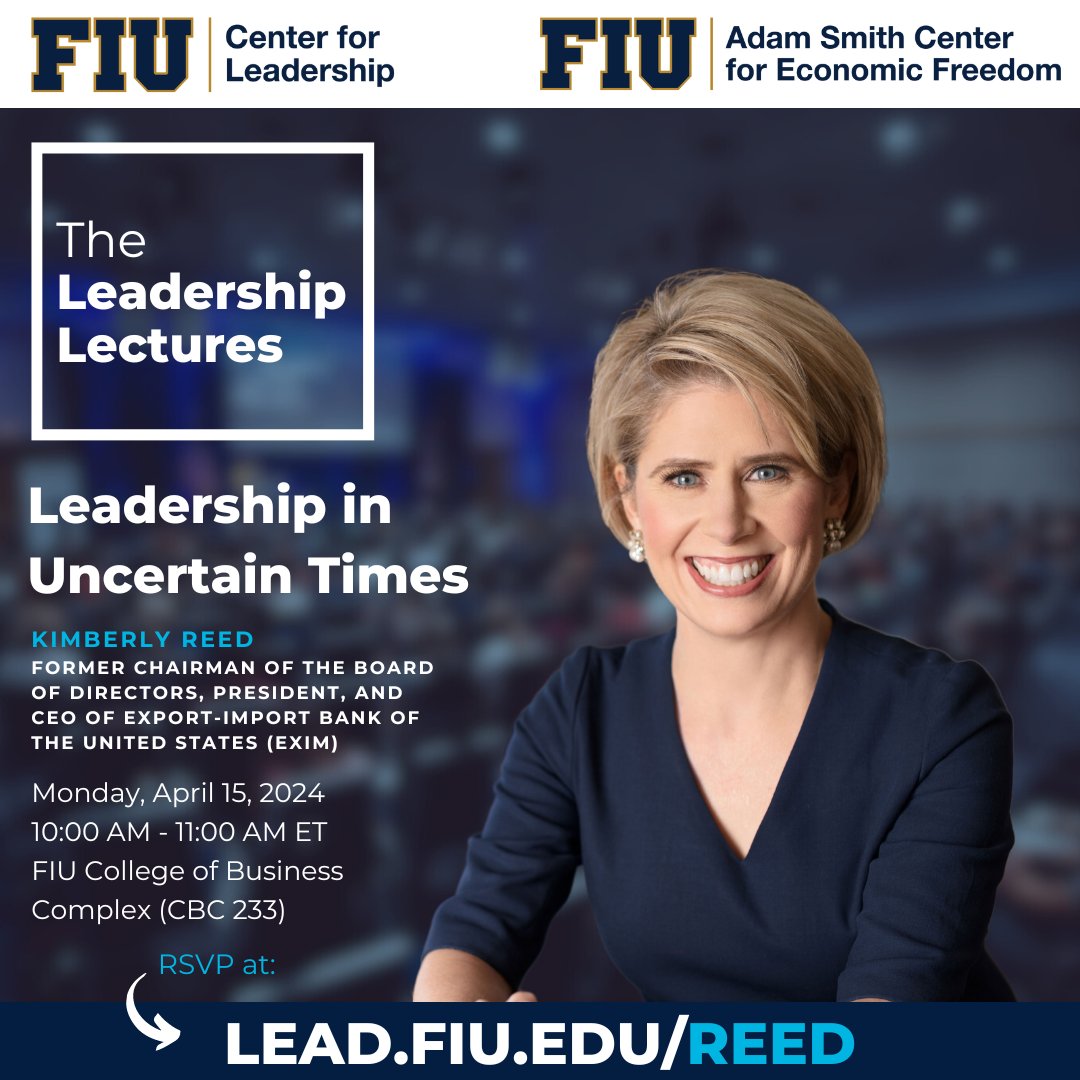 JUST ANNOUNCED! Join us as we welcome Kimberly Reed, Former Chairman of the Board of Directors, President and CEO of Export-Import Bank of the United States (EXIM). Join us at 10:00 a.m. on April 15, 2024, in person on the MMC Campus, CBC 233, with a reception to follow!