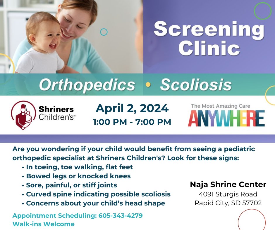 South Dakota friends, we're holding a Screening Clinic in Rapid City next week! If you know a child who is in need of care for a bone, joint or muscle condition, please share this post! Second opinions are welcome too. #ShrinersChildrens #OrthopedicScreeningClinic @najashriners