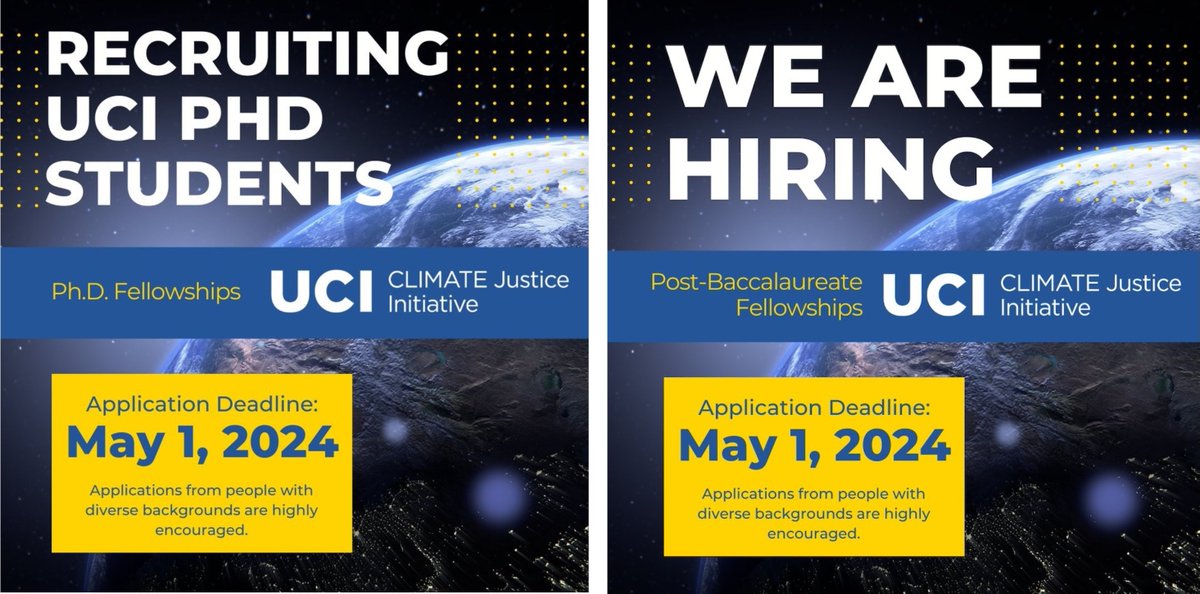 The @R_J_Shop at @UCirvine is recruiting for PAID post-baccalaureate and Ph.D. fellows for the UCI CLIMATE Justice Initiative (@UCIClimateEJ). The deadline to apply is May 1. sites.ps.uci.edu/climatejustice/