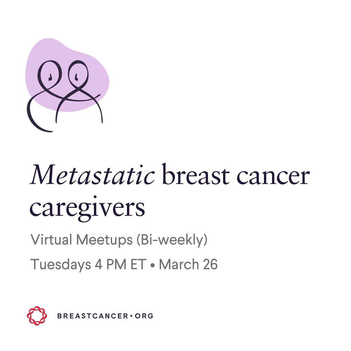 We offer a free caregivers meetup for partners of someone with metastatic breast cancer every other Tuesday. If you are a caregiver or have a partner who you think could benefit, please share or join us today at 4 PM ET. To register, visit bit.ly/4aaz3Sf #breastcancer