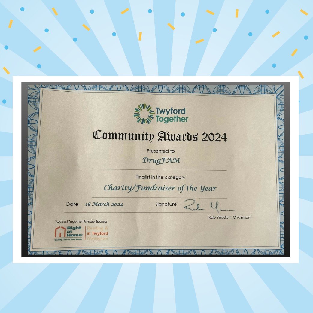🎉 We've got some wonderful news to share! 🎉 DrugFAM has been named a finalist in the Charity/Fundraiser of the Year category in the Twyford Together Community Awards! 🌟✨ #DrugFAM #CommunityAwards #TwyfordTogether 🌟