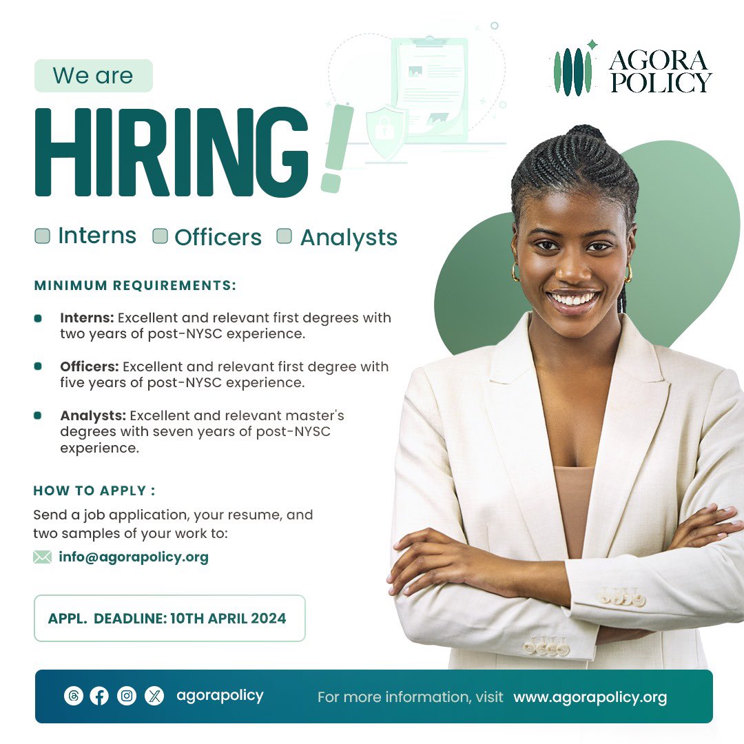 @AgoraPolicy is looking to hire for a few open positions: you can check the link and flier below to see you fit into any of these: agorapolicy.org/come-work-with…