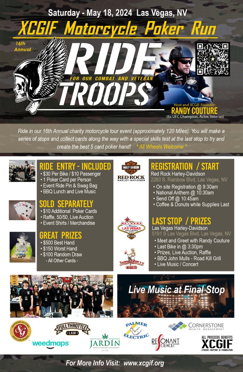 Join us Sat. May 18, 2024 - 16th Annual Ride For Our Troops Poker Run in Las Vegas, NV. Help and give back to support our Combat and Injured Veterans in need. All Wheels welcome! More info here 👉 xcgif.org/events/RideFor…