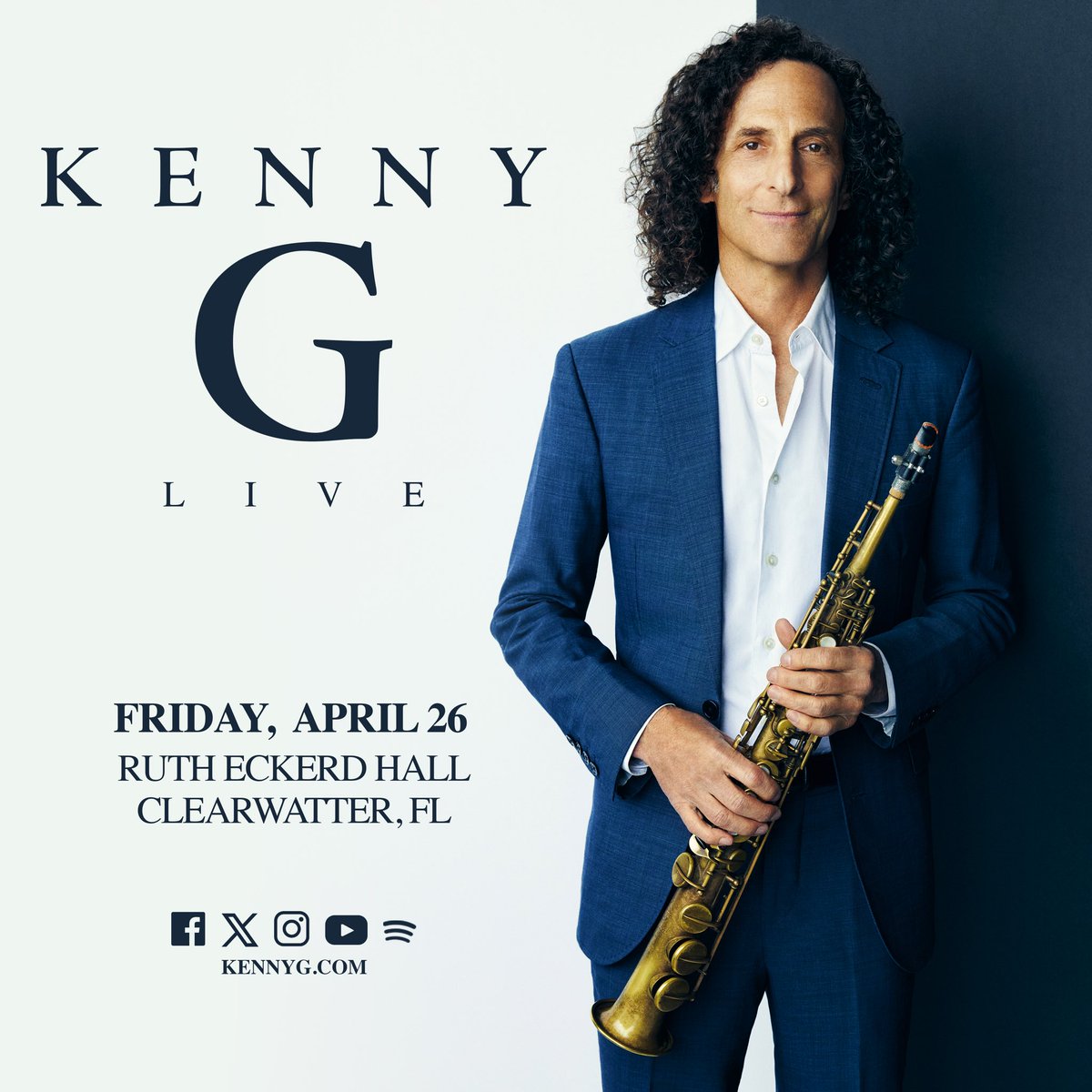 Come spend an evening with me at @RuthEckerdHall in Clearwater, FL on April 26th! We’ve got a great show planned. Get tickets: kennyg.com/events