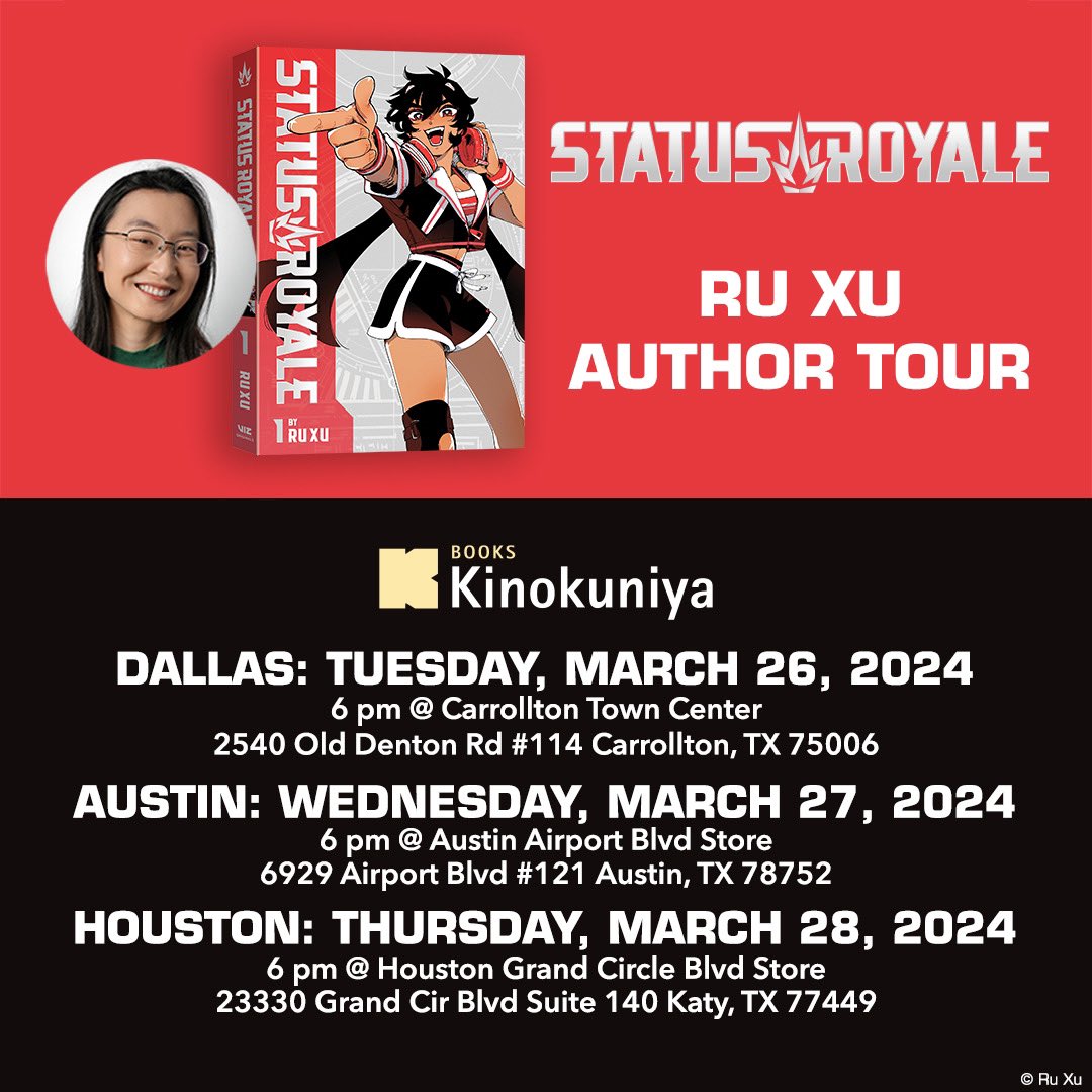 @ruemxu author tour starts today at Kinokuniya Carrollton! Stop by at 6pm and celebrate the series debut of Status Royale with the artist/author, Ru Xu! Can't make it today? She will be visiting our Austin & Houston stores the next 2 days! Learn more: usa.kinokuniya.com/event/2024/3/2…