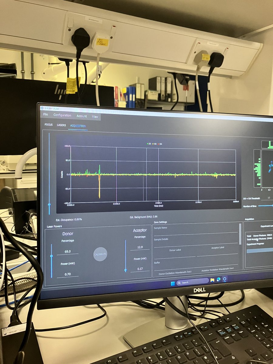 We’re up and FRETting! The first of many #smFRET bursts (or molecular-level high fives!) from our new @EI_science confocal microscope were detected today! Brill to have such a fab workhorse facility at @YorkBioscience @BiologyatYork @YBRI_UoY and @UoY_PET!