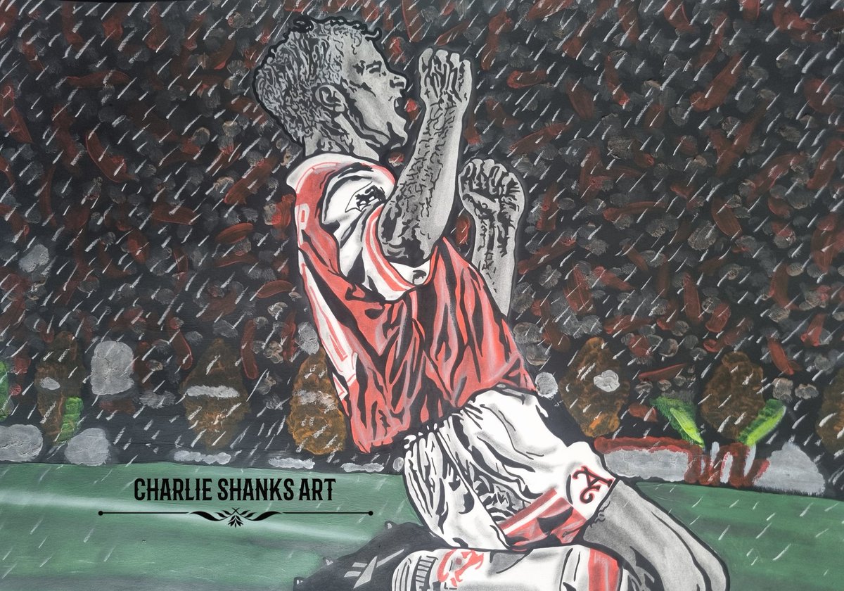 On a wet Highbury in November 1996, Dennis Bergkamp expertly controls a cross from Wrighty in front of the North Bank and slots it home to make it 3-1 to The @Arsenal, sending Spurs packing 👏🏻🔴⚪️ My new artwork depicting The Icemans celebration 👇🏻🎨 Retweets appreciated 🙏🏻