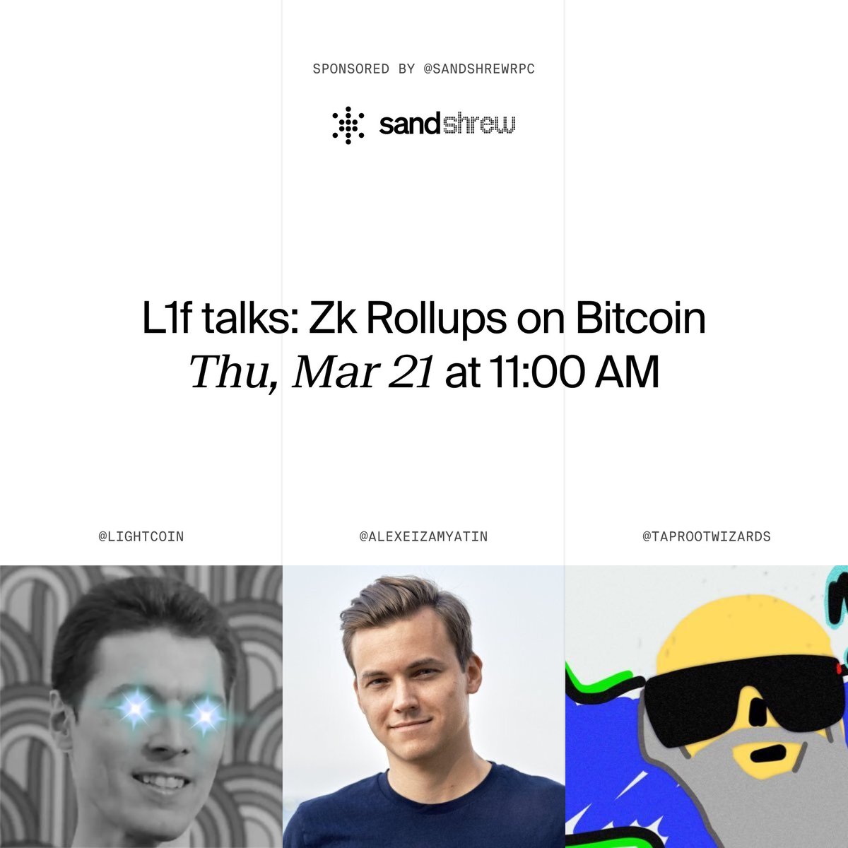 We can’t wait to jam about Rollups on Bitcoin with these legends! Thanks so much to our guest moderator @januszgrze and our amazing sponsor @sandshrew for making it possible! Link in comments 👇