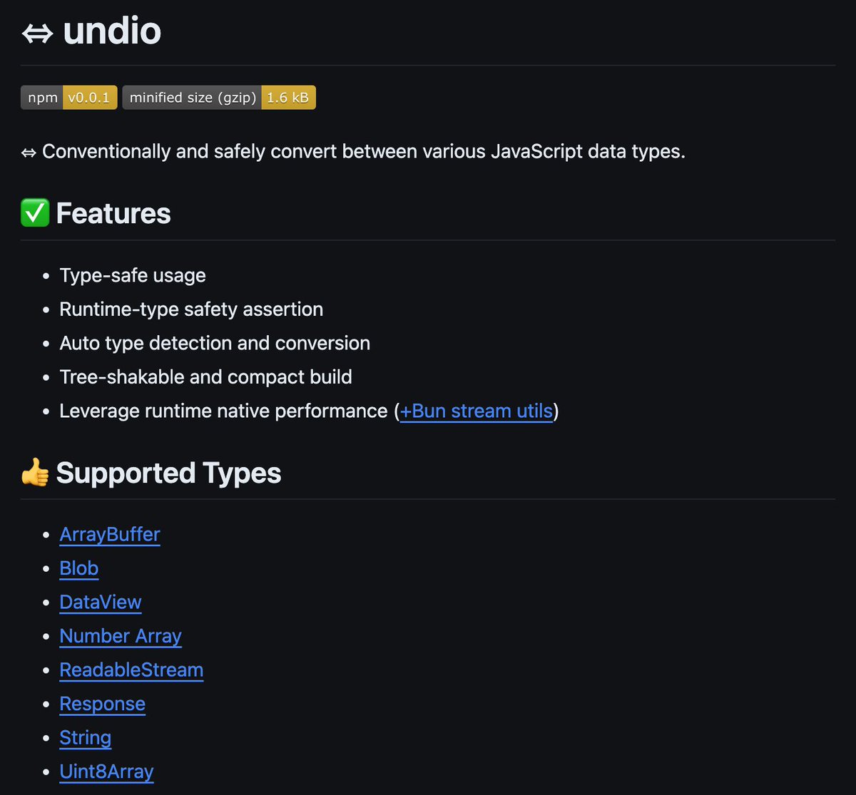 Today, I was on a project needing support for various binary data types with runtime safety and cross-runtime portability. Made a new toy I'll likely use in several packages in the future! 🤞 undio.unjs.io