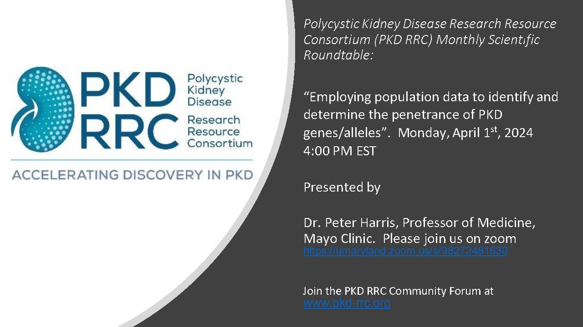 The next PKD RRC Monthly Scientific Roundtable Talk is April 1st, 2024, our guest speaker will be Dr. Peter Harris, Mayo Clinic, talk title: “Employing population data to identify and determine the penetrance of PKD genes/alleles”. #endPKD #PolycysticKidneyDisease