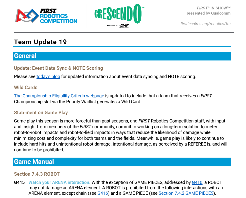 Team Update 19 is posted. firstfrc.blob.core.windows.net/frc2024/Manual…