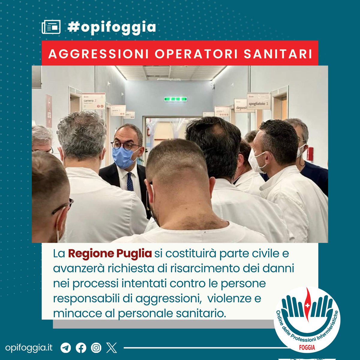 L'Ordine delle Professioni Infermieristiche di Foggia accoglie con entusiasmo la scelta della Regione Puglia e del Presidente Michele Emiliano: gli #infermieri, i #medici e tutti gli #operatori #sanitari hanno bisogno di sentire vicine le istituzioni. 

#opifoggia #fnopi