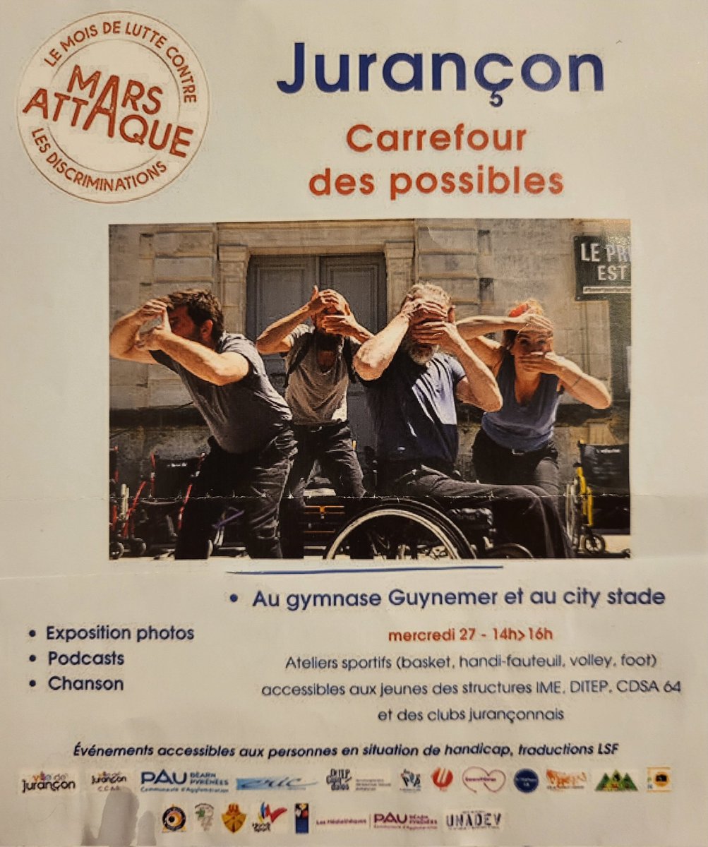 Demain, 14-16h, ATELIERS SPORTIFS entre jeunes des structures IME, DITEP, CDSA64 et CLUBS JURANÇONNAIS 
Venez les encourager !
Gymnase GUYNEMER et CITY STADE
