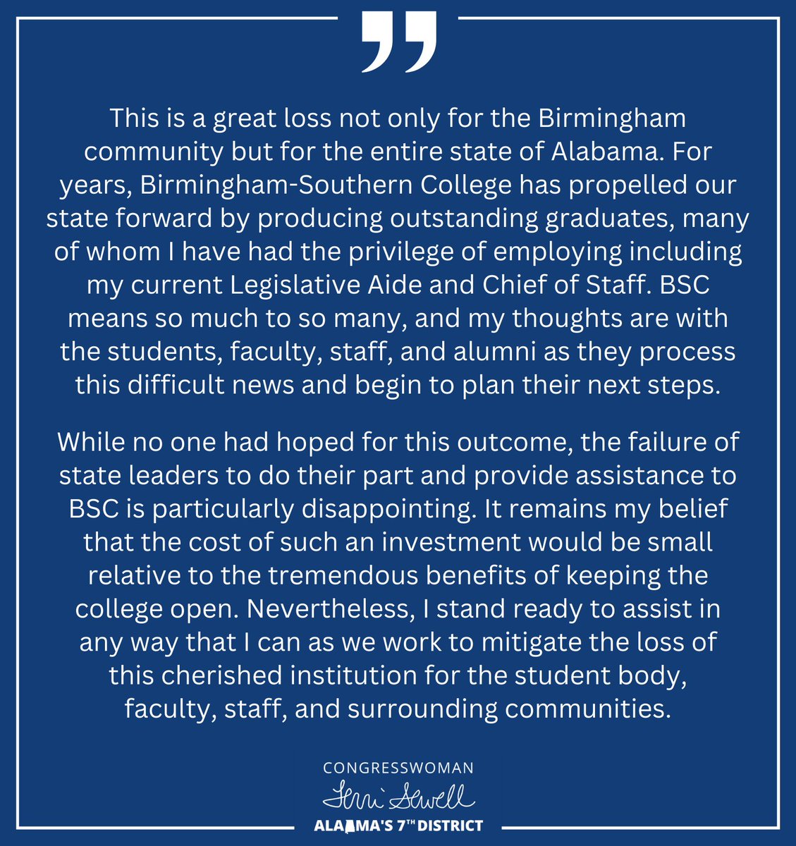 The closure of Birmingham-Southern College will be a great loss not only for the Birmingham community but for the entire state of Alabama. My full statement. ⬇️