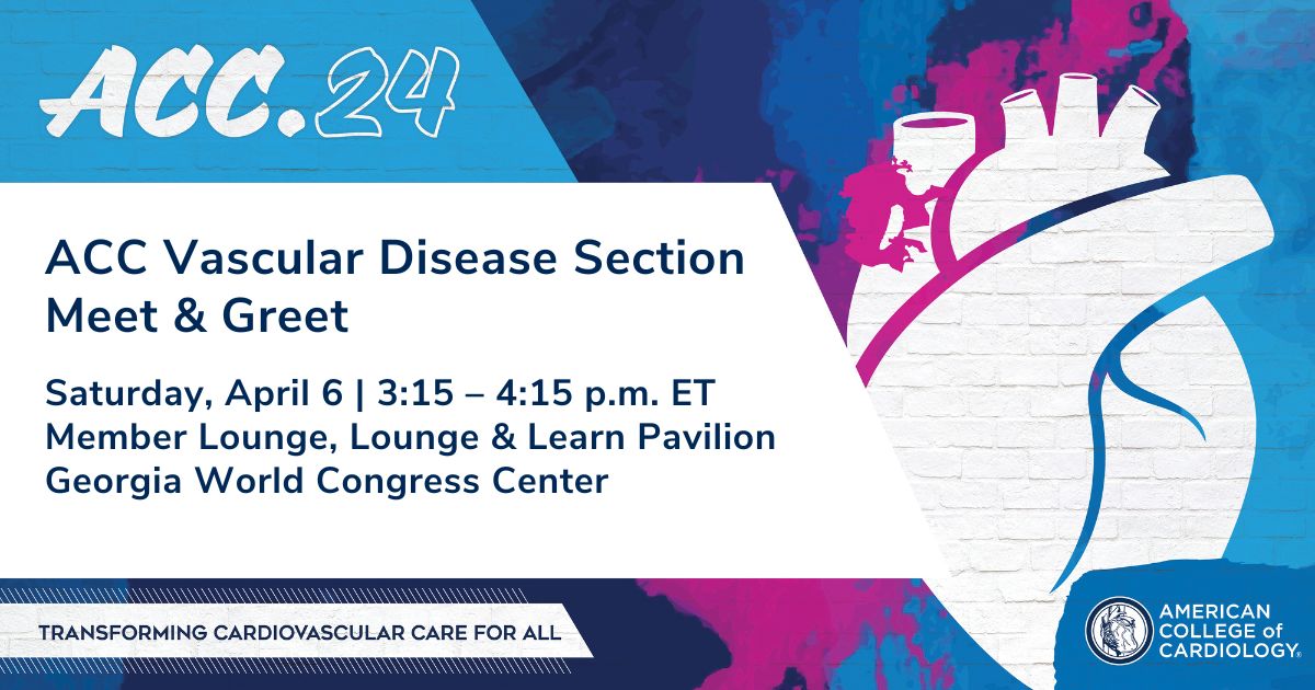 Join us during the meet & greet session of ACC Vascular Disease Section led by our own @MarcBonaca! Link to RSVP is below ⬇️ 📅 Sat, April 6 🕕 3:15 p.m. ET RSVP: bit.ly/3TDHBLr @sanjum @Dr_AbuDaya @mnyoung1 @YSCastroMD @sthomas013s @drannealbers @ACCinTouch #ACC24