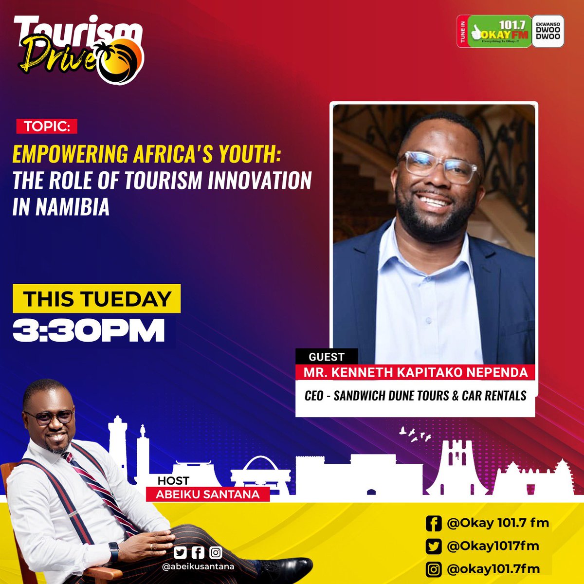 Join the conversation live on @Okay1017fm topic: Empowering Africa’s Youth : The role of Tourism Innovation in Namibia 🇳🇦 Our guest : Mr Kenneth Kapitako , the CEO of Sandwich Dune Tours , Car & Rentals #mrtourism #abeikusantana #namibia #travelnamibia