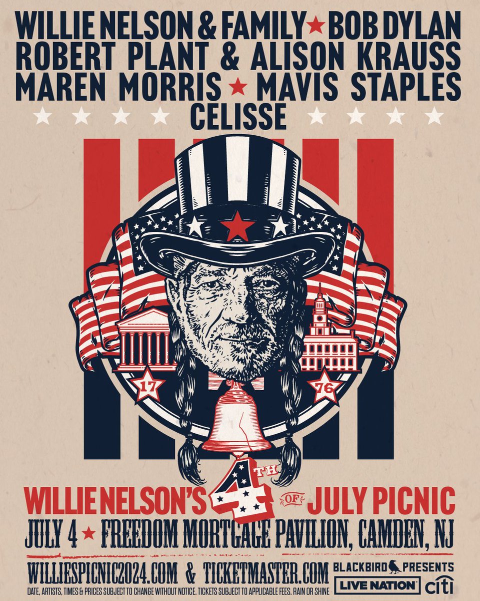 RP and Alison Krauss will be performing in Philly at Freedom Mortgage Pavilion, with Willie Nelson, and an incredible lineup of artists at Willie’s July 4th Picnic. Presale tickets on sale today at 12PM, use code PICNIC2024. More info and tickets WilliesPicnic2024.com/presale