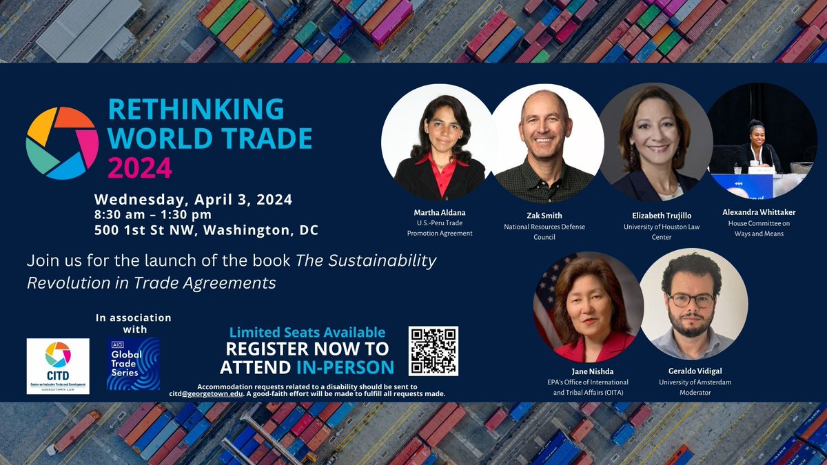 In DC this April 3? Then join @Claussen_K & myself @CitdGeorgetown for the launch of The Sustainability Revolution in International Trade Agreements! We'll have coffee and talk about agreeing, implementing, and making effective environmental sustainability commitments. 1/2