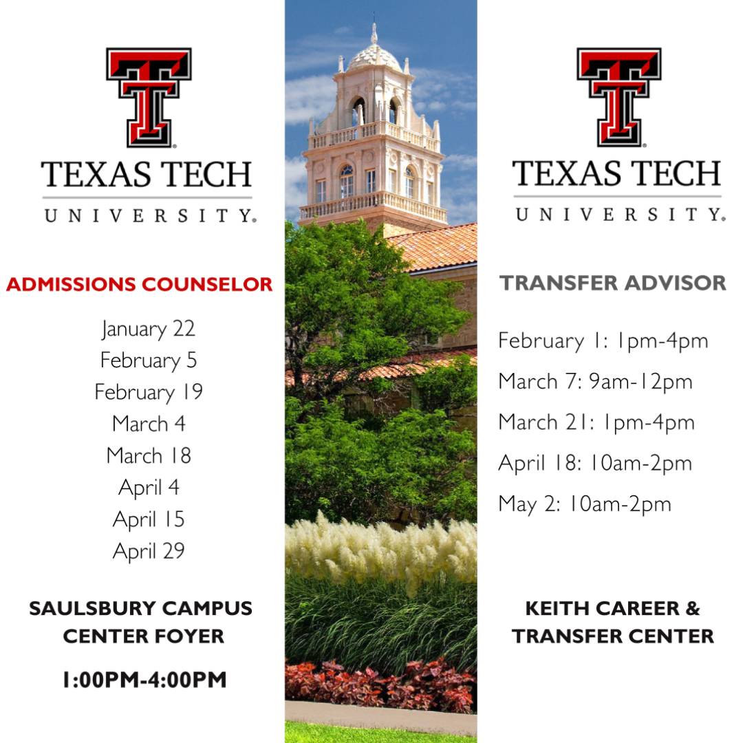 Join us next week to meet with Texas Tech! 🔴 🔳 On Monday, April 15, meet with Admissions Counselors! 🔳 On Thursday, April 18, meet with Transfer Advisors!