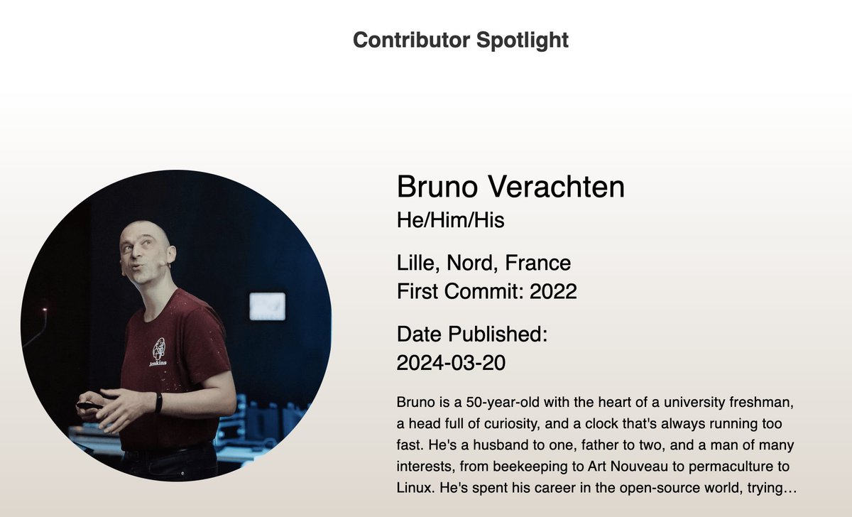 Thrilled to be shining the #contributorspotlight on @Poddingue, Bruno Verachten🌠! Bruno's contributions can be seen in @Google Summer of Code, working on Android & Jenkins & chairing the platform SIG just to name a few. contributors.jenkins.io/pages/contribu…