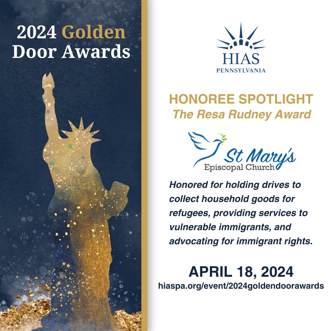 There are 6 days left to register for the Golden Door Awards! Registration will close on 4/1. hiaspa.org/event/2024gold… Join us in celebrating leaders who support immigrants in extraordinary ways, including St. Mary’s Episcopal Church. #GoldenDoorAwards2024 #SupportImmigrants