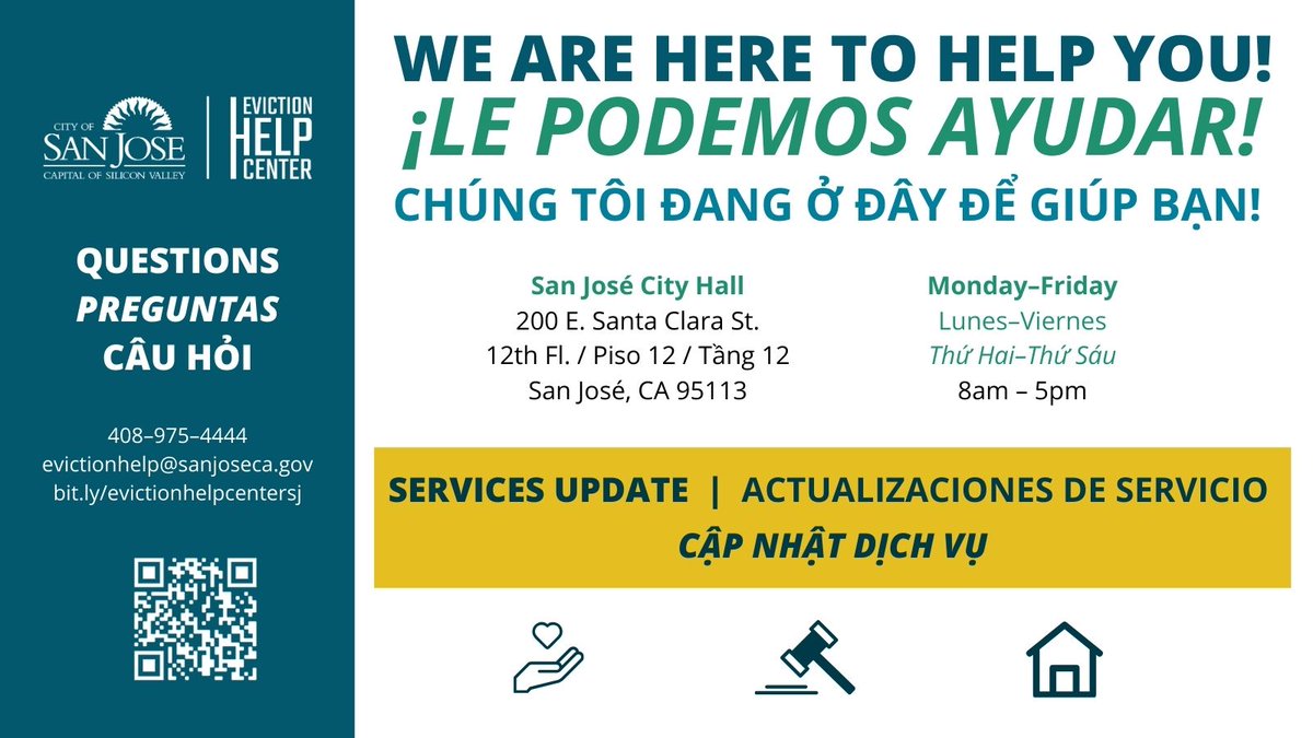 🏠Eviction Help Services Update starting 3/31/2024 • The EHC at the Educare Center in Santee will close • Consultations with Law Foundation and BayLegal will not be available through the EHC Our City Hall location is still available to assist residents bit.ly/evictionhelpce…