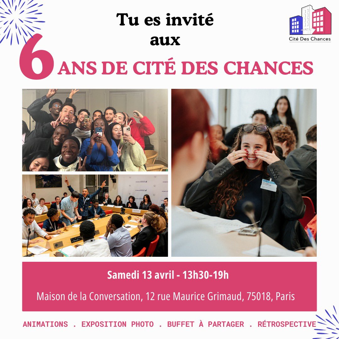🥳 Viens souffler notre sixième bougie avec nous 🥳

Cité des chances fête 6 ans de promotion de l'engagement citoyen dans les quartiers populaires ! On vous donne rendez-vous le samedi 13 avril à la Maison de la Conversation 🎂 

Pour t'inscrire, c'est par ici (lien en dessous)